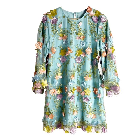 Mestiza Flora Blue 3D Floral Appliqué Flare Sleeve Cocktail Mini Dress Size M - Picture 3 of 16